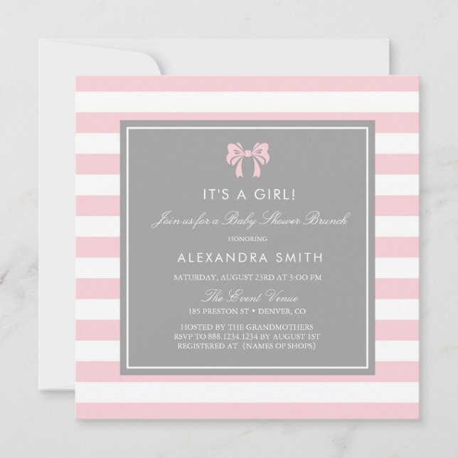 Invitación Rayas rosadas y blancas con brunch Baby Shower de  (Anverso)