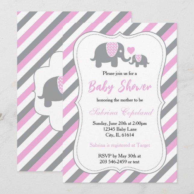 Invitación Rayas rosadas y grises elefante bebé | BABY SHOWER (Anverso / Reverso)