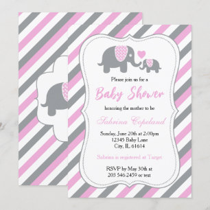 Invitación Rayas rosadas y grises elefante bebé   BABY SHOWER