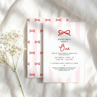 Invitación Rayas rosadas y lazo rojo Cumpleaños dulce uno