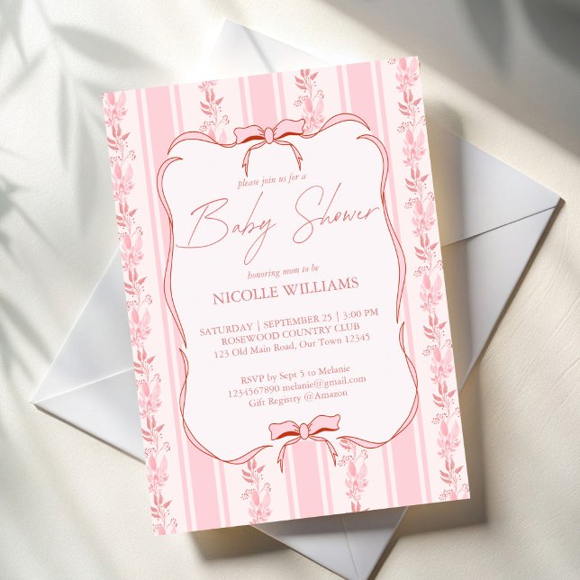 Invitación Rayas rosas arco retro borde elegante ducha bebé (Pink stripes retro bow border coquette elegant baby shower invitation cards template)