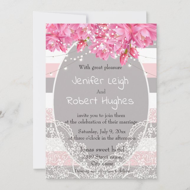 Invitación Rayas rosas boda de encaje floral (Anverso)