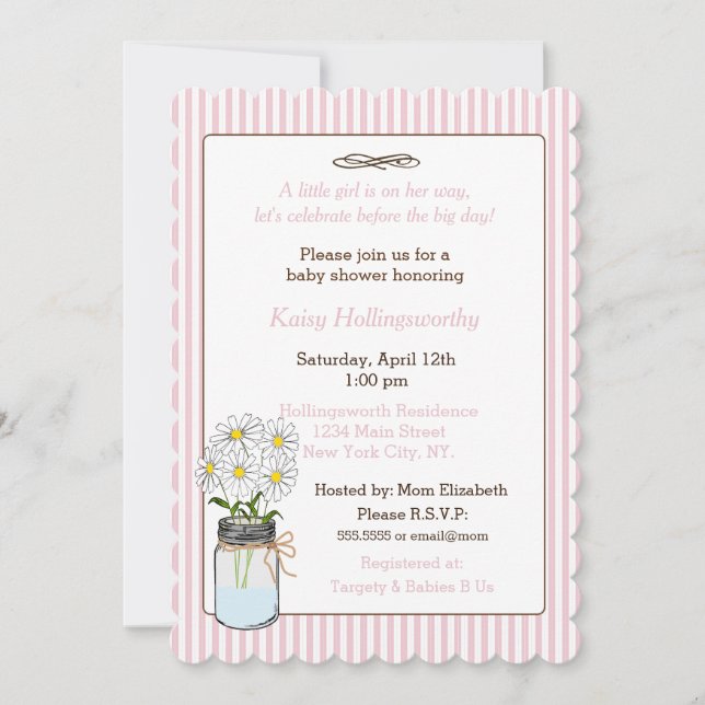 Invitación Rayas rosas con flores en Baby Shower de Mason Jar (Anverso)