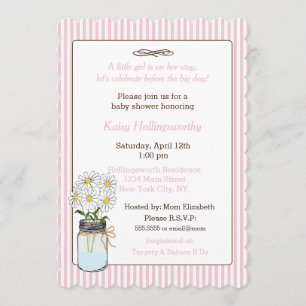 Invitación Rayas rosas con flores en Baby Shower de Mason Jar
