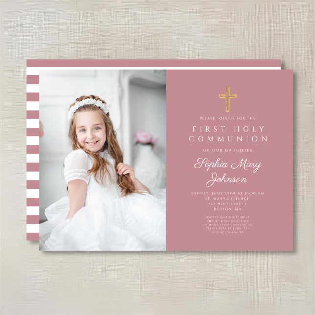Invitación Rayas rosas, cruza Chica, primera foto de la comun (Pink Stripes Cross Girl First Communion Photo Invitation)
