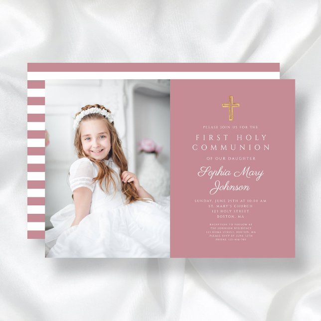 Invitación Rayas rosas, cruza Chica, primera foto de la comun (Pink Stripes Cross Girl First Communion Photo Invitation)