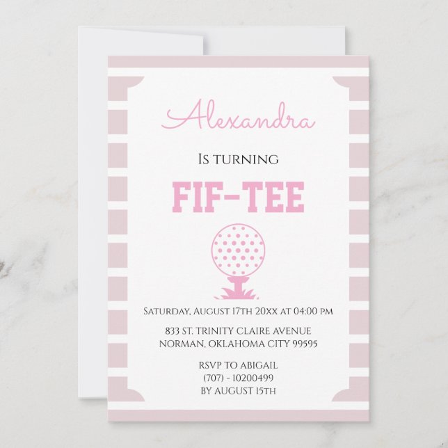 Invitación Rayas Rosas Golf Cumpleaños 50 (Anverso)