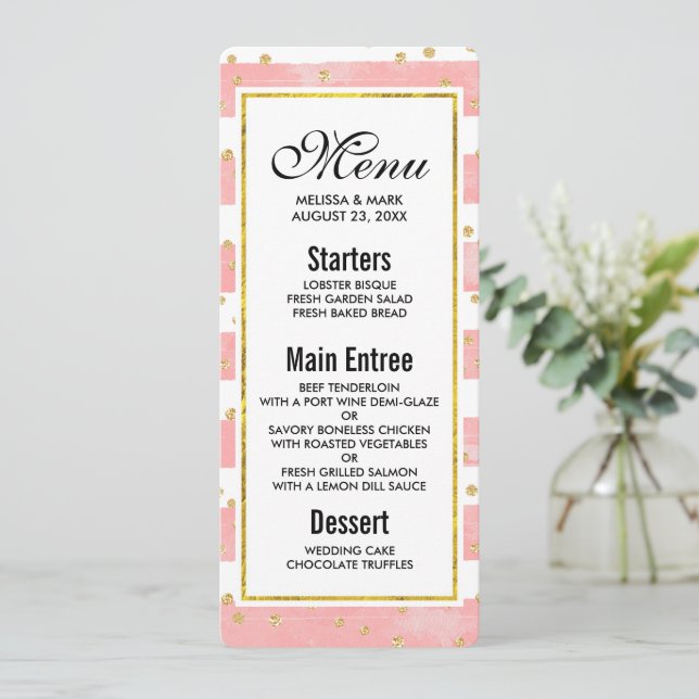Invitación Rayas Rubor rosadas | Faux Gold Confetti (Anverso de pie)