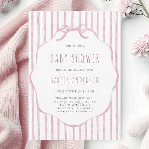 Invitación Rayas suaves de color rosa con marco para baby sho