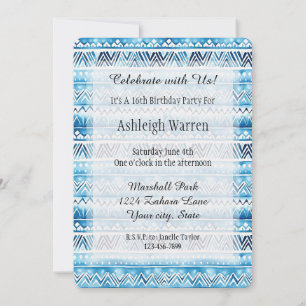 Invitación Rayas Tribales Blancas Aqua Azul Cumpleaños 16