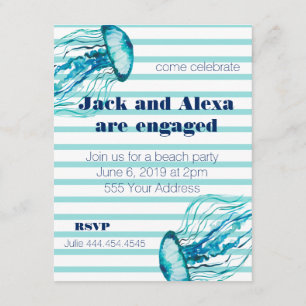 Invitación Rayas Turquesa Aquarela Fiesta de Medusas en la Pl