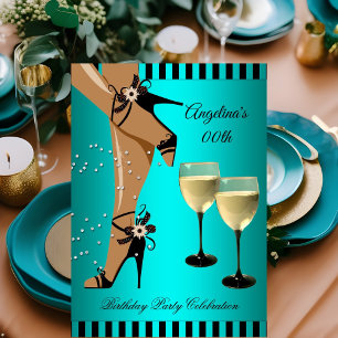 Invitación Rayas Turquesas Zapatos Negros Copa de Vino Fiesta