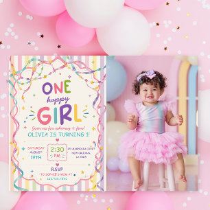 Invitación Rayas Una Niña Feliz Cumpleaños Colorido