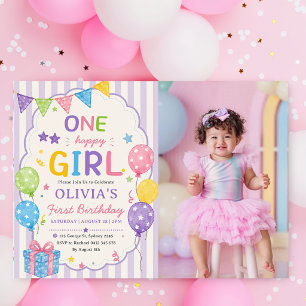 Invitación Rayas Una Niña Feliz Cumpleaños Colorido