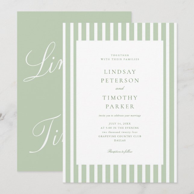Invitación Rayas Verde Salvia Clásico Verano Boda  (Anverso / Reverso)
