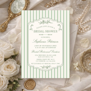 Invitación Rayas Verde Salvia Flores Vintage Bridal Shower