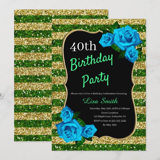 Invitación Rayas Verdes Doradas de Cumpleaños Rosas Azules co (Anverso / Reverso)