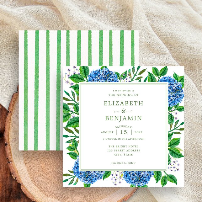 Invitación Rayas verdes modernas Blue Hydrangeas Boda (Front / Back)