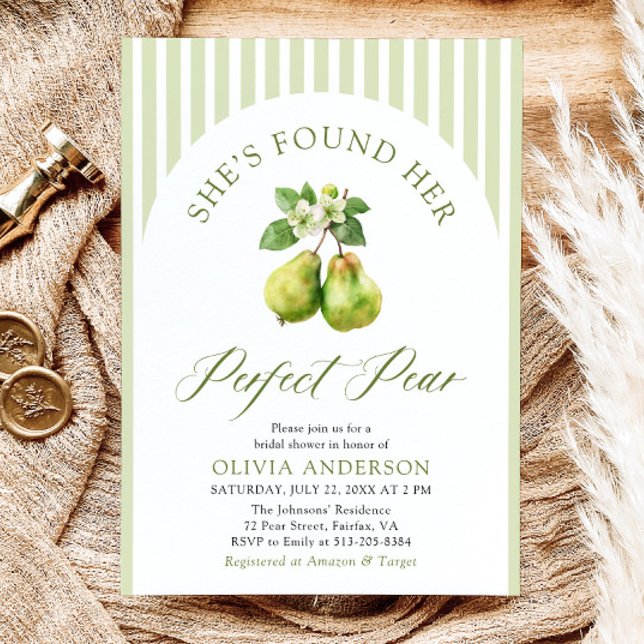 Invitación Rayas verdes modernas Perfecto Pear Bridal Shower (Modern Green Gingham Perfect Pear Bridal Shower Invitation)