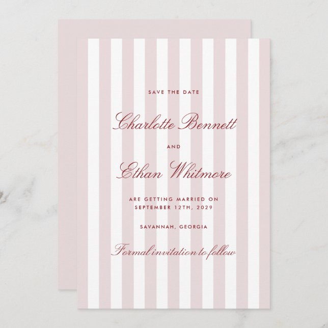 Invitación Rayas verticales rosadas de Rubor modernas salven  (Anverso / Reverso)