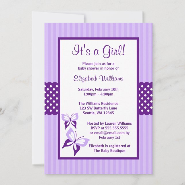 Invitación Rayas y puntos púrpuras Baby Shower de la mariposa (Anverso)