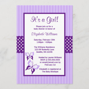 Invitación Rayas y puntos púrpuras Baby Shower de la mariposa