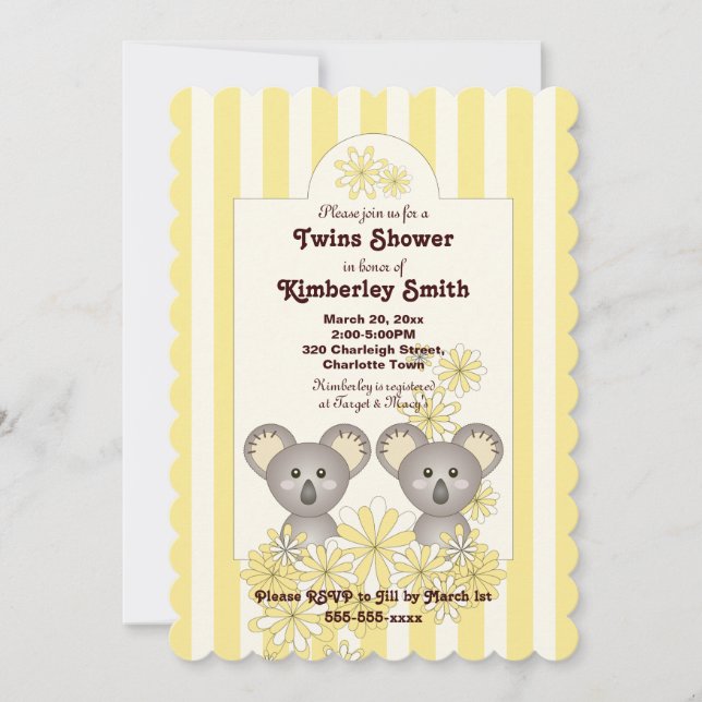 Invitación Rayo amarilla lindo Chica Koala gemela Baby Shower (Anverso)