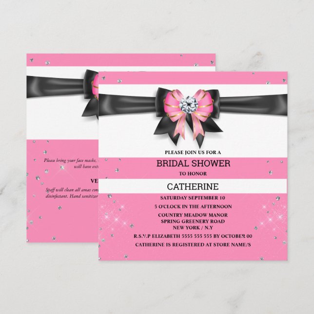 Invitación Rayo de arco purpurina de rayas blancas rosadas (Anverso / Reverso)