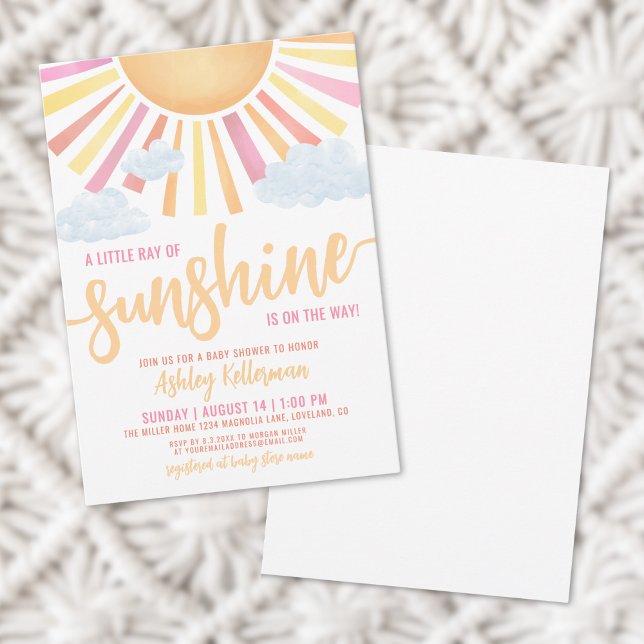Invitación Rayo De Sol Fiesta De Bebé Niña Rosa (Ray Of Sunshine Pink Girl Baby Shower Invitation)