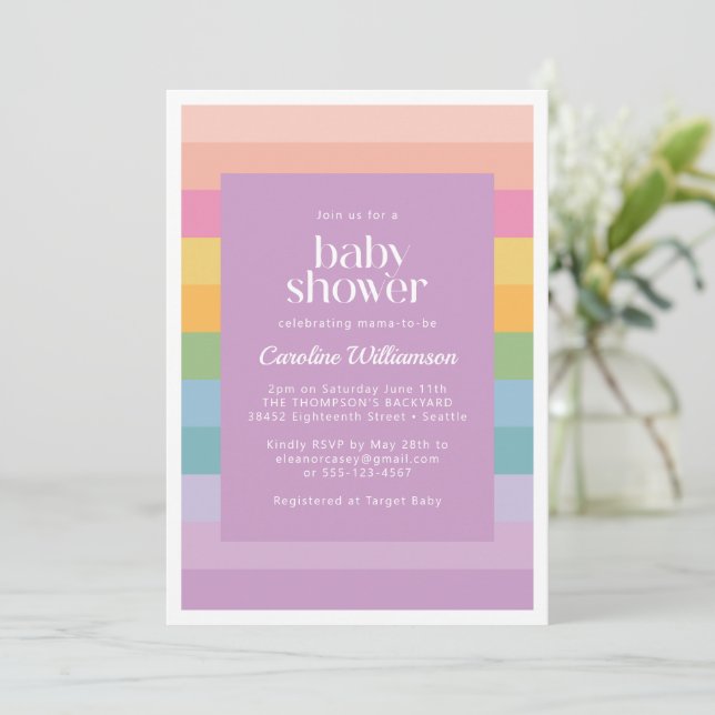 Invitación Rayo Pastel brillante Rainbow Purple Baby Shower (Anverso de pie)