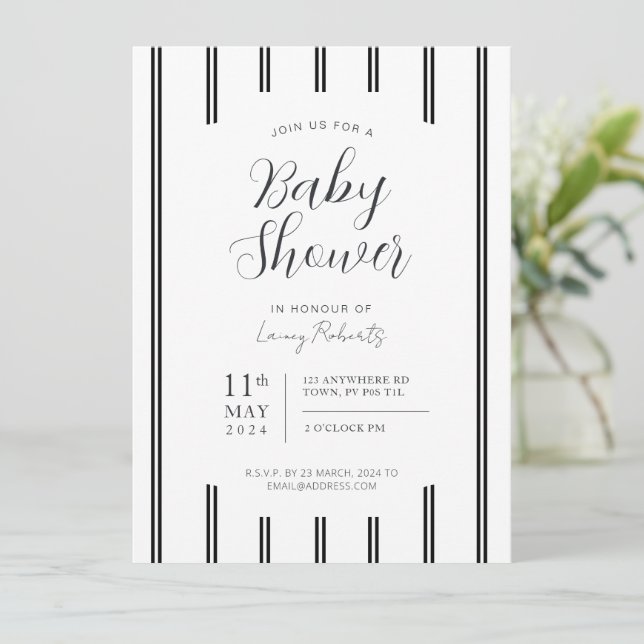 Invitación Rayo vertical delgado blanco y negro vintage (Anverso de pie)