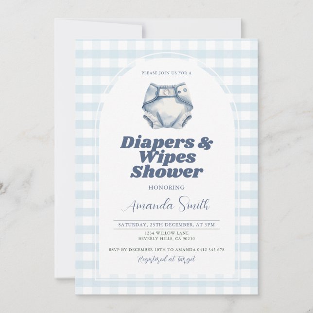 Invitación Rayos azules y cuerdas Baby Shower Blue Gingham (Anverso)