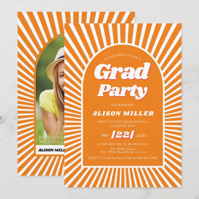 Invitación Rayos de sol retro groovy naranja años 70 Graduaci (Anverso / Reverso)