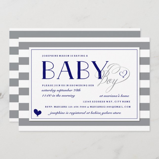 Invitación Rayos y franja blanca Baby Boy Marina Baby Shower  (Anverso / Reverso)