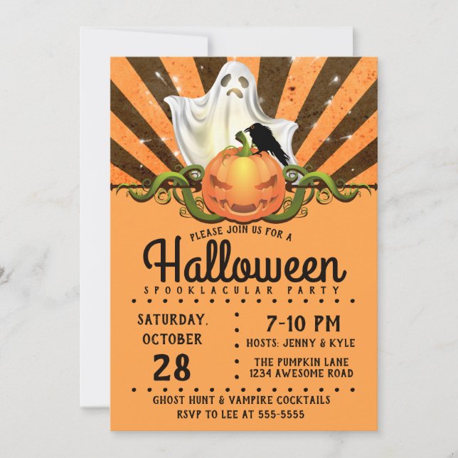 Invitación Rays retro de Halloween, fantasma de Jack o'lanter (Anverso)