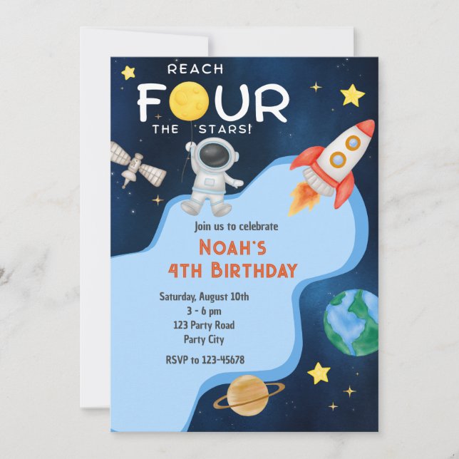 Invitación Reach Four The Stars 4th Birthday Invitation Space (Anverso)