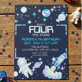 Invitación Reach Four the Stars Blue Green Space 4th Birthday