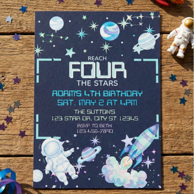 Invitación Reach Four the Stars Blue Green Space 4th Birthday (Subido por el creador)