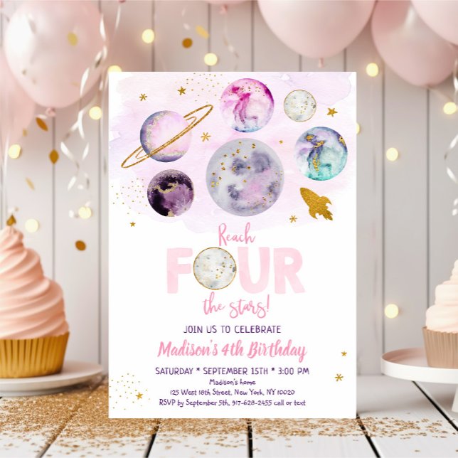 Invitación Reach FOUR The Stars Galaxy Pink Gold Birthday (Subido por el creador)
