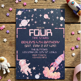 Invitación Reach Four the Stars Pink Space 4th Birthday