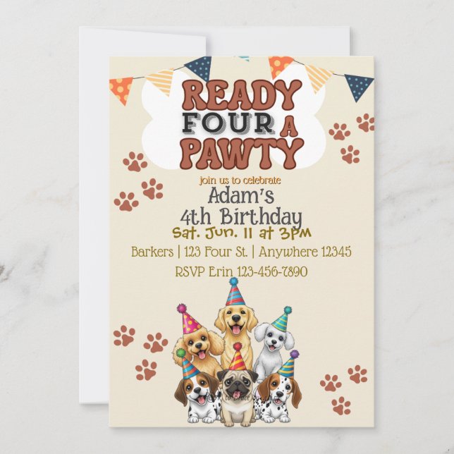 Invitación Ready FOUR a Pawty, Dog 4th Birthday Invitation (Anverso)