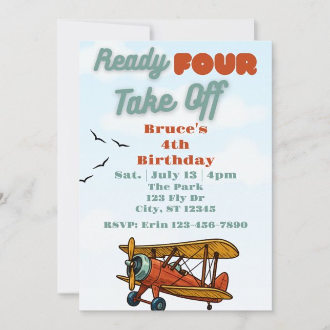 Invitación Ready FOUR Take Off, airplane 4th Birthday (Anverso)