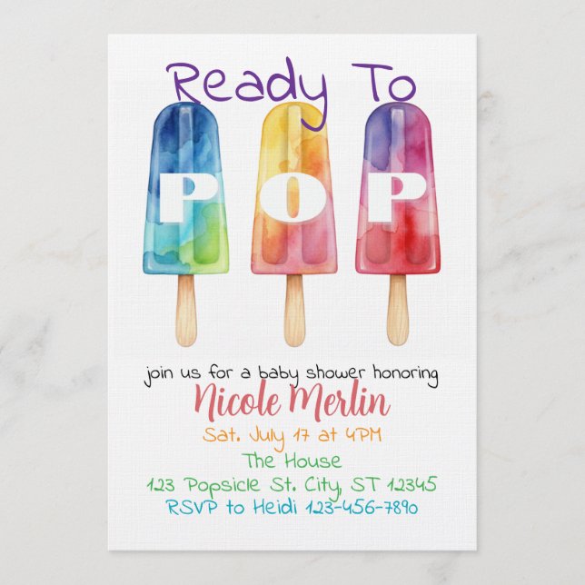 Invitación Ready To Pop, Rainbow Popsicle Baby Shower (Anverso)