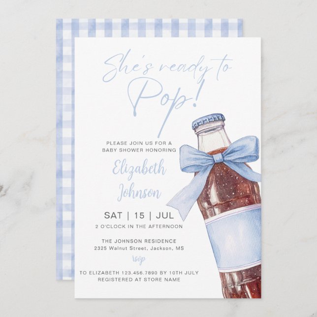 Invitación Ready To Pop Soda Bottle Blue Bow Baby Shower (Anverso / Reverso)