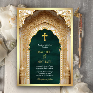 Invitación Real Arco de Oro Religioso Cristiano Boda Verde