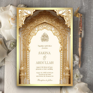 Invitación Real Arco Islámico Crema Oro Boda Musulmana