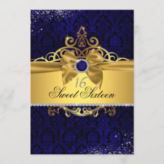 Invitación Real Azul Dorado Damask Sweet Sixteen