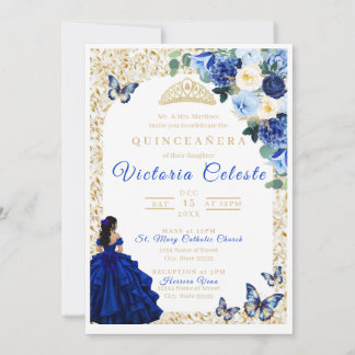 Invitación Real Azul Dorado Mariposa Floral Quince
