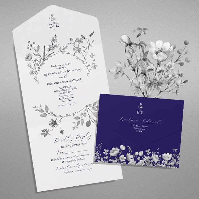 Invitación Real Azul Floral Todo en Uno (Subido por el creador)