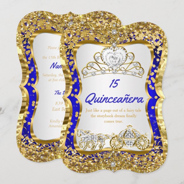 Invitación Real Azul Quinceanera Magia Tiara Gold (Anverso / Reverso)